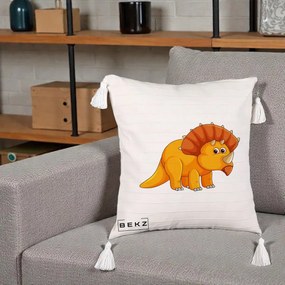 Perna Decorativa Triceratops Portocaliu, 40x40 cm, Bej cu Franjuri, Husa Detasabila, Perna Inclusa, BEKZ®