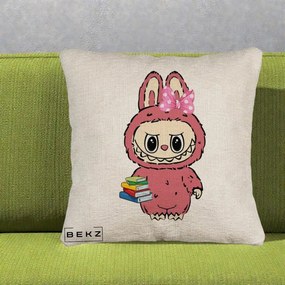 Perna Personalizata Labubu Roz cu Funda si Carti, 40x40 cm, Bej Canapea, Husa Detasabila, Perna Inclusa, BEKZ®