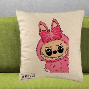 Perna Personalizata Labubu Roz cu Funda, 40x40 cm, Bej, Husa Detasabila, Perna Inclusa, BEKZ®