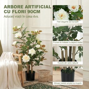 HOMCOM Trandafir Artificial cu 17 Flori, 344 Frunze Mătase, Decor Interior Exterior, 15x15x90 cm, Alb | Aosom Romania
