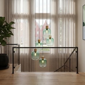 Lampă suspendată Hotel Chic alamă cu sticlă albastră și verde 5 lumini - Qara