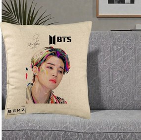 Perna Personalizata K-pop BTS Jimin Portret Artistic Multicolor cu Autograf, 40x40 cm, Bej, Husa Detasabila, Perna Inclusa, BEKZ®