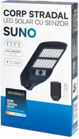 Corp Stradal Solar LED Novelite SUNO 80W cu Senzor de Mișcare și Temperatură 3CCT Ajustabilă IP54, Iluminat Exterior Eficient pentru Curți și Alei