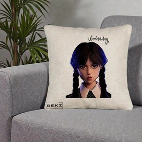 Perna Personalizata Wednesday Addams Portret Realist, 40x40 cm, Bej Canapea, Husa Detasabila, Perna Inclusa, BEKZ®