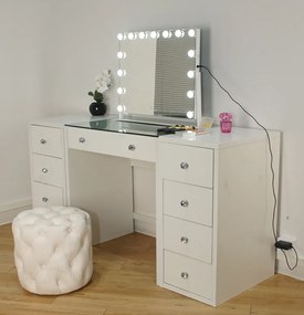 Masă de toaletă AMIRA, Masă machiaj, comoda, oglindă iluminată, 15 becuri LED, 9 sertare, taburet, Alb
