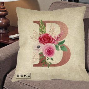 Cadou Personalizat - Perna Personalizata Monograma Rose Gold Litera B, 40x40 cm, Crem, Husa Detasabila, Perna Inclusa, BEKZ®