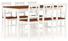Set mobilier de bucătărie, 7 piese, alb și maro, lemn de pin