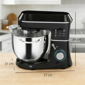 HOMCOM Mixer Planetar cu Bol Inox de 7L, 1400W, 6 Viteze Pulse, Cap Înclinat, Mixer Profesional Antiderapant cu Cârlig Frământare, Tel, Batător, Capac Anti-Stropire și Accesorii | Aosom Romania