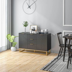 HOMCOM Bufet design contemporan grafic 2 dulapuri usa rafturi reglabile 3 sertare glisante din lemn negru metal aur | Aosom Romania