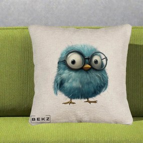 Perna Decorativa Pui Pufos Teal cu Ochelari, 40x40 cm, Bej Canapea, Husa Detasabila, Perna Inclusa, BEKZ®