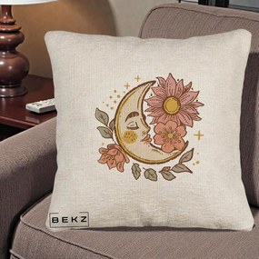 Perna Personalizata Luna Boho Chip Floral, 40x40 cm, Bej Canapea, Husa Detasabila, Perna Inclusa, BEKZ®