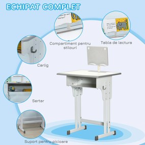 HOMCOM Birou de scoala cu scaun pentru copii 6-12 ani reglabil pe inaltime, pupitru si suport pentru stilou, otel si MDF, gri | Aosom Romania