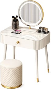 Set VICTORIA GLAM – Set Masă de Machiaj cu Oglindă LED și Taburet, Accente Aurii și Blat cu efect marmură, Alb