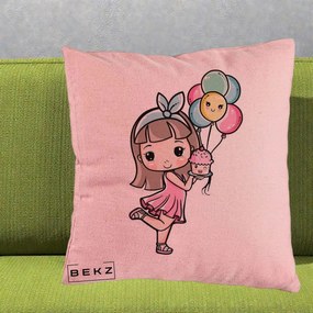 Perna Decorativa Fetita Kawaii cu Baloane si Cupcake, 40x40 cm, Roz, Husa Detasabila, Perna Inclusa, BEKZ®