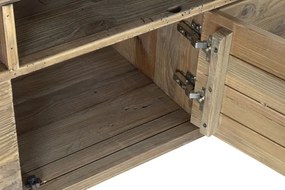 Comodă TV living din lemn reciclat, natur, cu 4 uși, 2 sertare, 2 nișe deschise și picioare oblice, finisaj antichizat, 65 x 180 x 48 cm, „Aubeline”