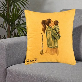 Cadou pentru Mama - Perna Personalizata The Best Mom Jachete, 40x40 cm, Galben, Husa Detasabila, Perna Inclusa, BEKZ®