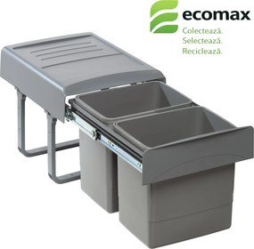 Cos gunoi incorporabil Ecomax Mega 40, cu extragere totala, colectare selectiva, gri antracit, 2 x 15 l Polipropilena, L:356 mm; A:480 mm; H:348 mm,