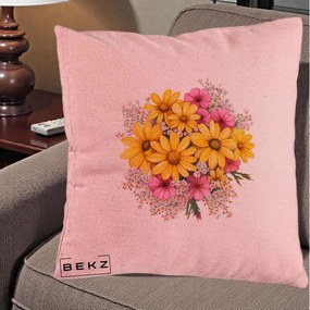 Perna Decorativa Floarea-Soarelui cu Cosmos Roz si Gypsophila, 40x40 cm, Roz, Husa Detasabila, Perna Inclusa, BEKZ®