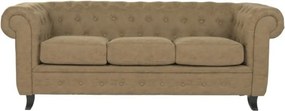 Canapea Chesterfield 3 locuri din piele ecologică maro deschis, cu nasturi pe bază și picioare curbate din lemn, 76 x 196 x 81 cm, „Sir”