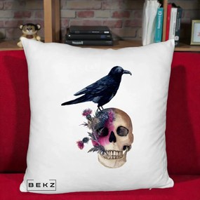Perna Decorativa Craniu cu Corb si Flori Gothic, 40x40 cm, Alb Pufos, Husa Detasabila, Perna Inclusa, BEKZ®