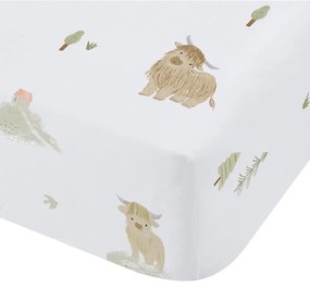 Cearceaf pentru copii alb din bumbac pentru pătuț cu elastic 70x140 cm Mini Moo Cow – Bianca