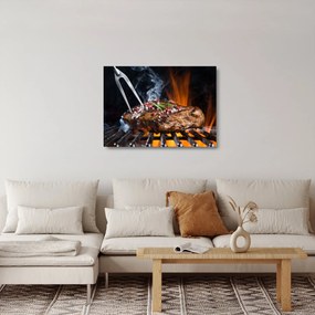 Tablou pe sticlă cu steac pe grill (70x50 cm)