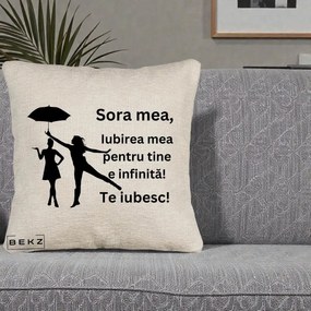 Cadou pentru Sora - Perna Personalizata Sora Mea Te Iubesc Siluete Negre cu Umbrela, 40x40 cm, Bej Canapea, Husa Detasabila, Perna Inclusa, BEKZ®