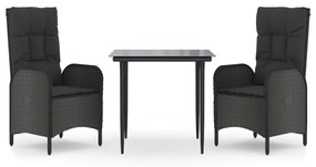 3185167 vidaXL Set mobilier de grădină cu perne, 3 piese, negru, poliratan