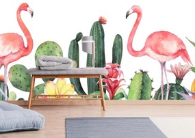 Fototapet - Flamingo în cactuși, acuarela (147x102 cm)