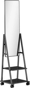 HOMCOM Oglindă Verticală cu 2 Rafturi și 4 Rotile, Oglindă de Podea din Oțel și PAL, 42x37x155 cm, Negru | Aosom Romania