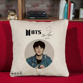 Perna Personalizata K-pop BTS Jimin Portret Cerc Autograf Geaca, 40x40 cm, Bej Canapea, Husa Detasabila, Perna Inclusa, BEKZ®