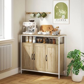 HOMCOM Bufet, corp de depozitare cu 3 uși, compartiment deschis și 4 rafturi reglabile, 100 x 35 x 88 cm, lemn natural | Aosom Romania