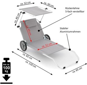 Șezlong de grădină pliabil cu roți și copertină, gri