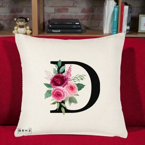 Cadou Personalizat - Perna Personalizata Monograma Florala Litera D, 40x40 cm, Crem Reliefat, Husa Detasabila, Perna Inclusa, BEKZ®
