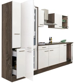 Mobilă de bucătărie Yorki 300, corp din stejar Yorki, față alb satinat, frigider cu congelator în partea de jos