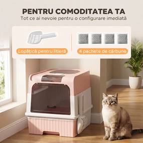 PawHut Litieră pentru Pisici cu Capac, Tavă Detașabilă, Anti Miros, 48x35x36 cm, Roz | Aosom Romania
