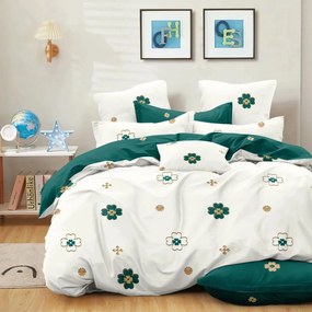 Lenjerie de pat cu elastic, bumbac tip finet, pat 2 persoane, alb / verde inchis, 6 piese, FNJE-98
