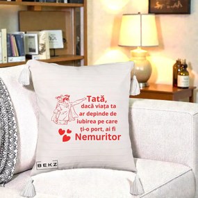 Cadou pentru Tata - Perna Personalizata Tata Nemuritor cu Fetita, 40x40 cm, Bej cu Franjuri, Husa Detasabila, Perna Inclusa, BEKZ®