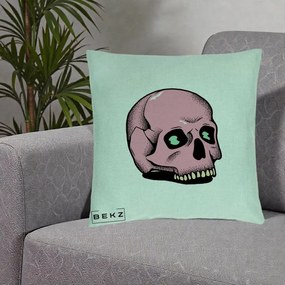 Perna Decorativa Craniu Roz Tatoo Art Halloween, 40x40 cm, Verde Menta, Husa Detasabila, Perna Inclusa, BEKZ®