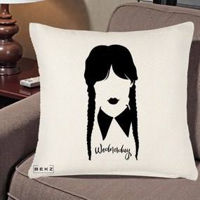 Perna Personalizata Wednesday Addams Silueta Alb-Negru, 40x40 cm, Crem Reliefat, Husa Detasabila, Perna Inclusa, BEKZ®