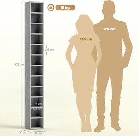 HOMCOM Raft Bibliotecă Pentru CD-uri cu 12 Polițe pentru 204 CD-uri, din MDF și PAL, 21 x 20 x 175 cm, Gri | Aosom Romania