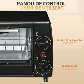 Mini Cuptor electric negru 36,5x26x22cm ,HOMCOM, 10L, temporizator, grila si tava incluse, 750 W, | Aosom Romania