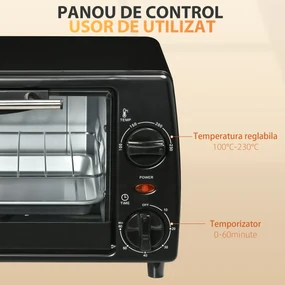 Mini Cuptor electric negru 36,5x26x22cm ,HOMCOM, 10L, temporizator, grila si tava incluse, 750 W, | Aosom Romania