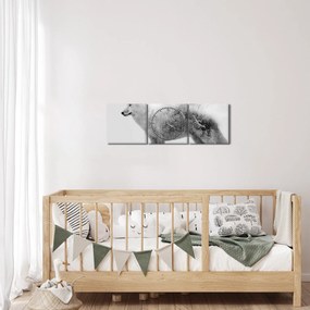 Tablou - Lupul arctic oglindit în peisajul sălbatic, alb-negru (cu ceas) (90x30 cm)