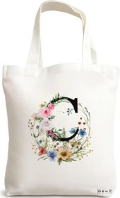Sacosa de Panza pentru Cumparaturi, Geanta Tote, Cu litera C in Coronita Florala, 38x34.5 cm, Alba, BEKZ®