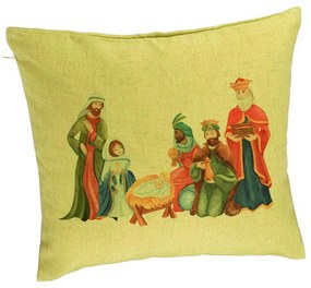 Perna Decorativa cu tematica de Craciun, Isus - Darul lui Dumnezeu, 40x40 cm, Verde, Husa Detasabila, Burduf