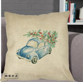 Perna Decorativa Masinuta Albastra cu Brad de Craciun, 40x40 cm, Crem, Husa Detasabila, Perna Inclusa, BEKZ®