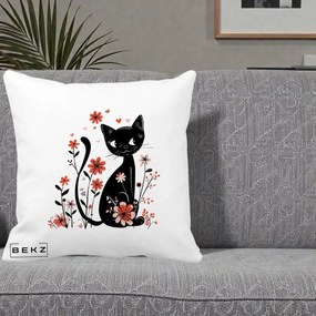 Perna Decorativa Pisica Neagra Flori Roz si Inimi, 40x40 cm, Alba Mata, Husa Detasabila, Perna Inclusa, BEKZ®