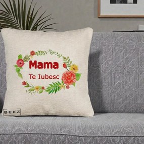Cadou pentru Mama - Perna Personalizata Mama Te Iubesc Flori Rosii, 40x40 cm, Bej Canapea, Husa Detasabila, Perna Inclusa, BEKZ®