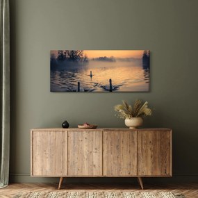 Tablou cu lebăde pe apă în ceață (120x50 cm)